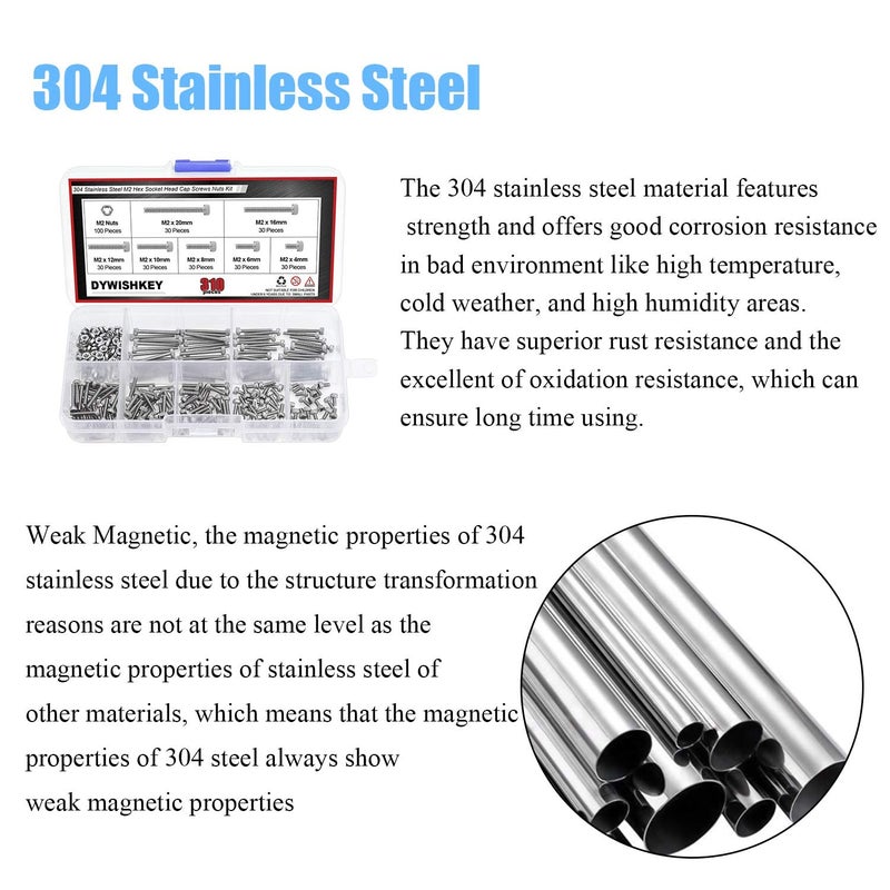 DYWISHKEY 310 Pieces M2 x 4mm/6mm/8mm/10mm/12mm/16mm/20mm  Stainless Steel 304 Hex Socket Head Cap Bolts Screws Nuts Kit with Hex Wrench - Image 5
